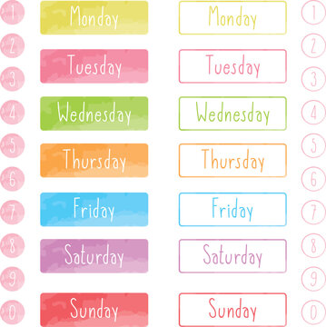 Handwritten days of the week with pastel color background and border. Calligraphy words and number for calendars. Colorful labels. Vector illustration.