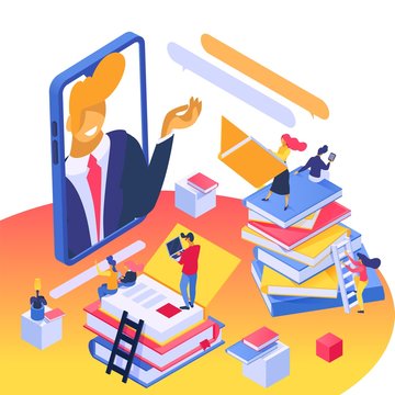Online learning, education concept vector illustration isometric isolated. Students with electronic devices among books stacks. Teacher gives lesson to tiny people group from mobile phone screen.