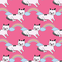 Obraz premium Cute vector seamless pattern background with kittens and pastel rainbows .