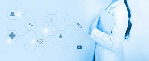 woman young  doctor hand holding blur tablet shows a list of patients and icon medical network connection on virtual screen interface.Vaccination concept. laboratory, medical and healthcare