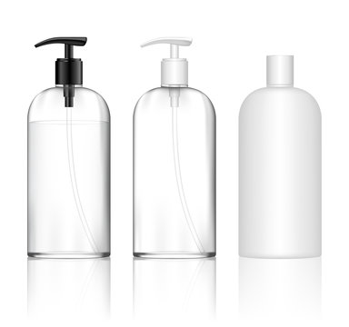 Cosmetic transparent plastic bottle with dispenser pump. Skin care bottles for shower gel, liquid soap, lotion, cream, shampoo, bath foam. Beauty product package. Vector illustration.