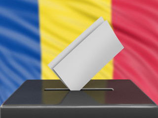 Ballot box with Romanian flag on background 