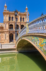 Colorful tiles at the bridge of the Plaza Espana in Sevilla, Spain