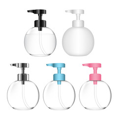 White transparent plastic bottle with dispenser pump. Pump bottles for shower gel, liquid soap, lotion, cream, shampoo, bath foam. Beauty product package. Vector illustration.