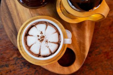 top view latte art, latte art coffee, coffee on table