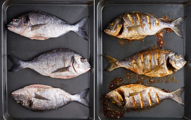 Raw and grilled dorada fish on black plate. Before and after preparation. Food photography