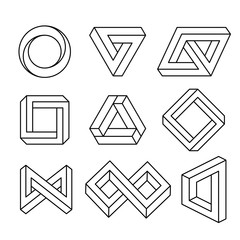 Impossible signs set outline. Linear infinite shapes. Impossible geometric figures. Optical illusion. Triangle, Infinity loop. Vector illustration