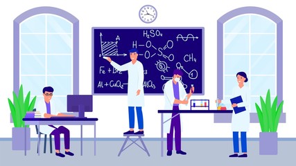 Science laboratory and group of scientists or students with teacher vector illustration. Man writes chemical formulas on blackboard. Team of researchers works with test tubes, books, on computer.