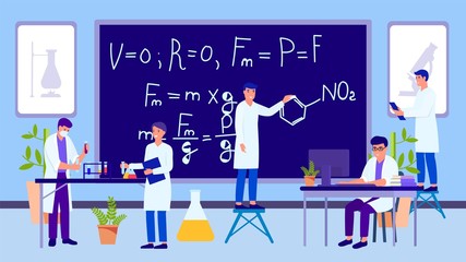 Science educational laboratory and working people researchers group vector illustration. Lecturer writes physical chemical formulas on blackboard. Students scientists team puts test tubes experiments.