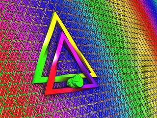 Twisted, colored triangles in front of a rainbow colored mesh fixed with a green log.3d render