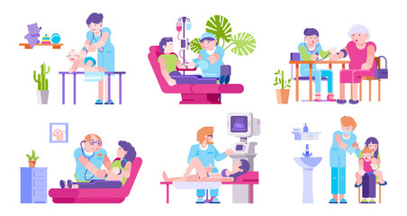 Doctors and visiting patients adults, children in medical clinic vector illustration isolated set. Doctors listening with stethoscope, make injections, ultrasound, pressure control and dropper.