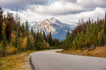 Fototapeta na wymiar Mountain Road with scenic view of Pyramid Mountain in Jasper National Park, Canada.