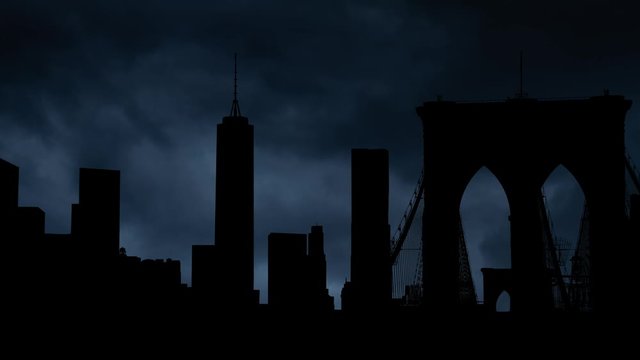 New York City Skyline with Lightning and Thunderstorm over Skyscrapers and Bridge in Silhouette, USA