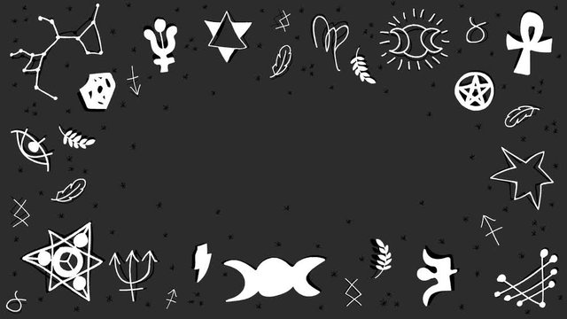 Loopable animation of white occult and esoteric symbols on a black background