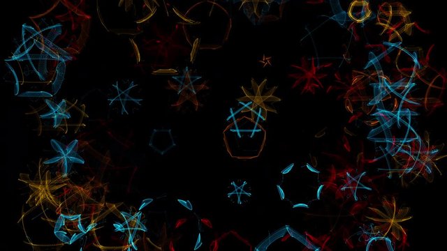 Abstract five sided shapes appear and evolve then fade to black