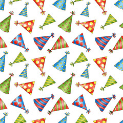 Obraz premium Birthday seamless pattern with watercolor caps for greeting card, background, postcard, invitation, cover, wallpaper. Hand drawn cute hats for holiday, party. Textile print 
