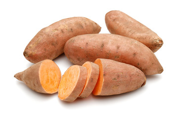 Sweet potatoes with slices isolated on white background