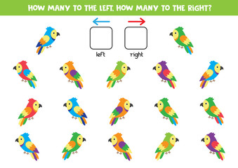 How many parrots go to the right and to the left. Logic game for kids.