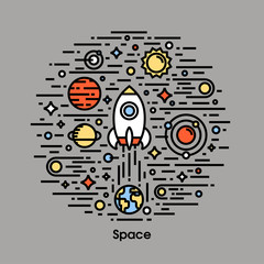 Planets, stars and rocket. Space theme icons, print or poster