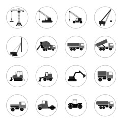 Large set of trucks, cranes and other machines for construction. Can be used for design of blogs and social media.