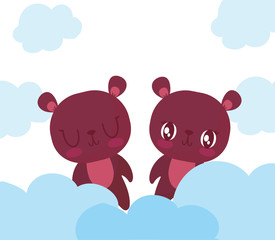 Cute bears cartoons and clouds vector design