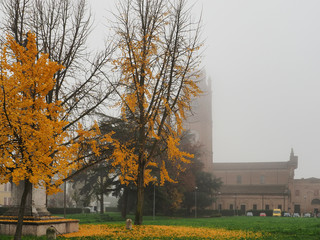 Ferrara, Italy. Autumn, foggy day. The basilica of San Giorgio fuori le Mura.
