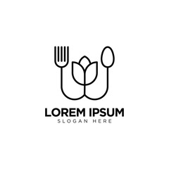 Healthy Food Logo with Spoon, Fork and Leaf, Restaurant Logo Design Template
