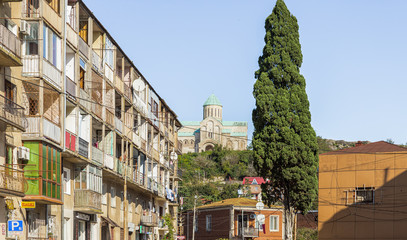 View of the Bagrati Cathedral from the street in the old part of Kutaisi in Georgia