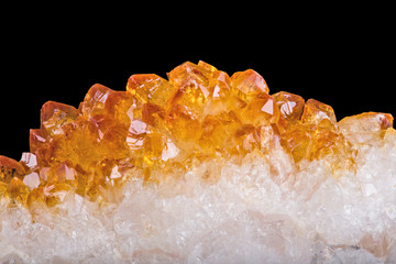 bright yellow citrine crystals closeup on black