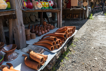 Souvenirs for sale exhibited at a roadside gift shop in Imereti in Georgia