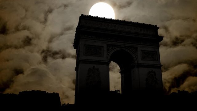 Paris: Arc de Triomphe (Triumphal Arch) by Night with Full Moon and Dark Silhouette of Monument, France