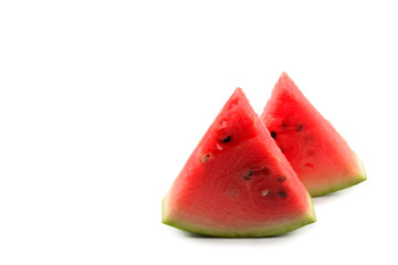 Juicy watermelon slice isolated on white background.