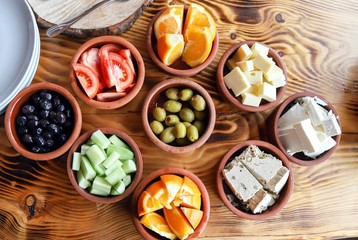 Traditional Turkish breakfast table .There are quite a lot of food on the table.