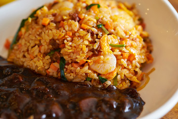 Korean shrimp fried rice with black bean sauce 