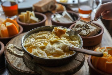 Traditional Turkish breakfast table .There are quite a lot of food on the table.