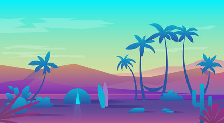 Sunset, sunrise on the ocean. Overnight stay in nature. Summer landscape illustration with palms. Flat design. Minimalist style.