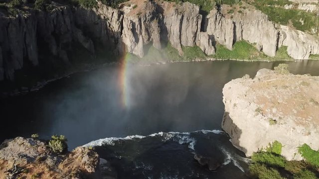 Breathtaking Drone Aerial View on Shoshone Falls With Rainbow Over Water Mist. Stunning Snake River Waterfall, Idaho USA