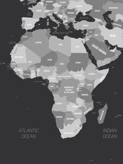 Africa map - grey colored on dark background. High detailed political map of african continent with country, capital, ocean and sea names labeling