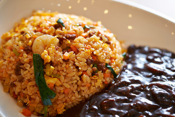 Korean shrimp fried rice with black bean sauce 