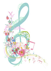 Abstract treble clef decorated with summer and spring flowers, notes. Hand drawn vector illustration. - 317023939