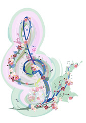 Abstract treble clef decorated with summer and spring flowers, notes. Hand drawn vector illustration.