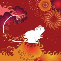 Vector Illustration for Chinese New Year, Year of the Rat. White rat on red background and flower blossum, fireworks like