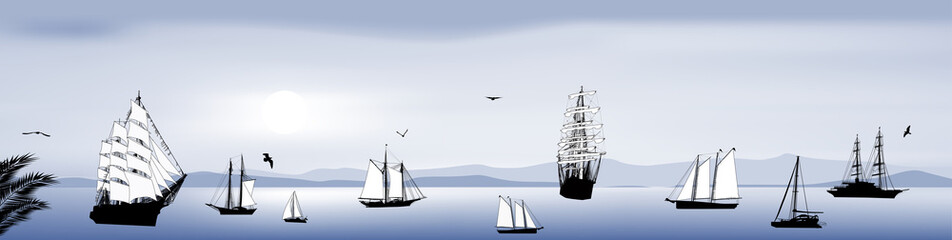 stripe with group of ships in blue sea