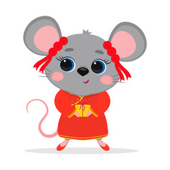 Chinese zodiac rats of 2020. Cute mouse or rat in a Chinese traditional red costume holds a box with a gift, isolated on white background. Cartoon style, vector