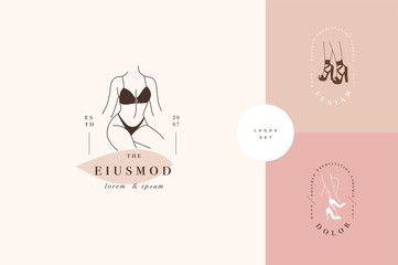 Vector design linear template logos or emblems - graceful faceless lady. Female logos for lingerie or clothes.