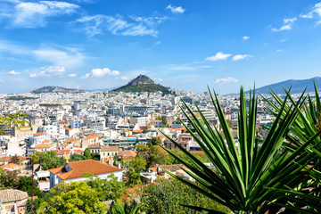 Panorama of summer Athens with Plaka, view of the city and hills