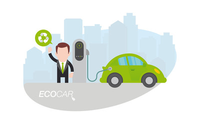 Vector man charging a green electric car in city. Simple cartoon graphic. Isolated