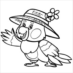 Character of a parrot in a hat is drawn in outline, isolated object on a white background,