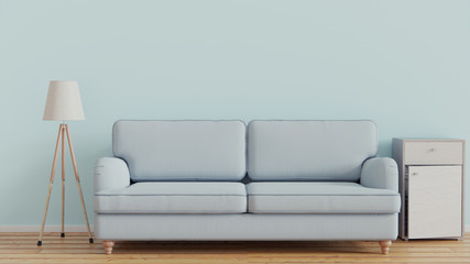 closeup blue pastel modern living room design with sofa and wooden floor and light lamp.