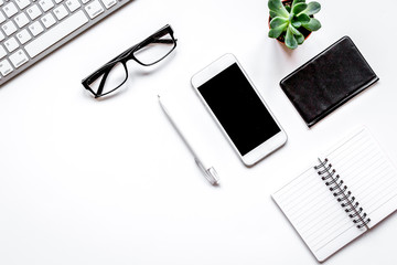 office desk design with keyboard, phone, glasses top view space for text